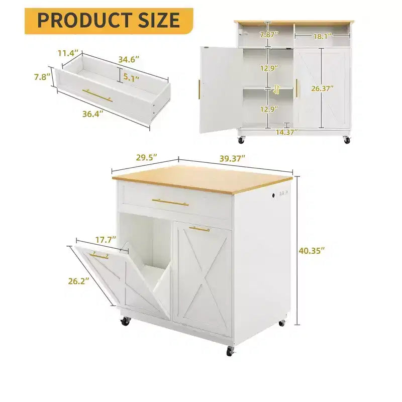 Carrello da cucina su ruote White & Oak con doppio armadietto per la spazzatura e stazione di ricarica
