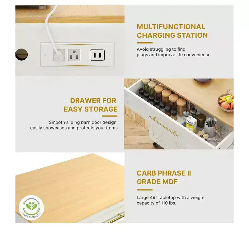 Carrello da cucina su ruote White & Oak con doppio armadietto per la spazzatura e stazione di ricarica