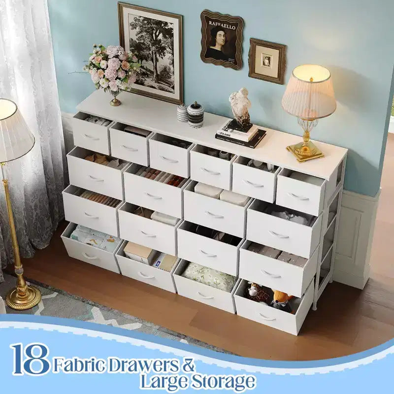 Comò in tessuto a 18 cassetti bianco/nero con stazione di ricarica | Piano in legno e struttura in acciaio | 160 cm L
