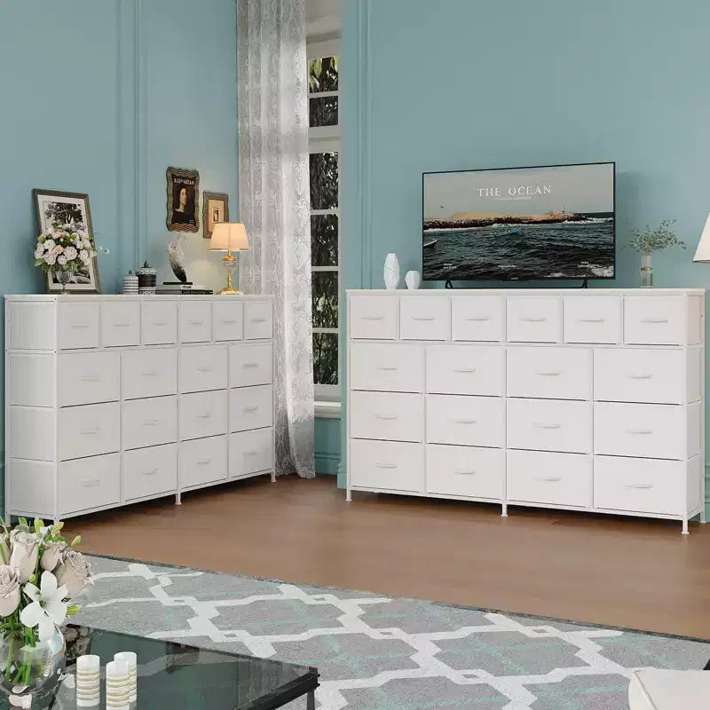 Comò in tessuto a 18 cassetti bianco/nero con stazione di ricarica | Piano in legno e struttura in acciaio | 160 cm L
