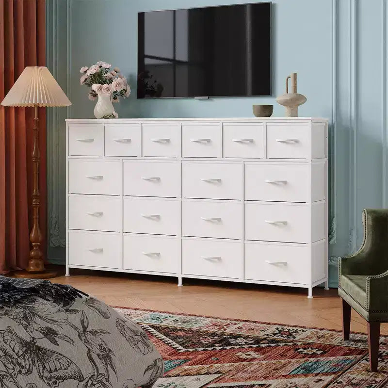 Comò in tessuto a 18 cassetti bianco/nero con stazione di ricarica | Piano in legno e struttura in acciaio | 160 cm L
