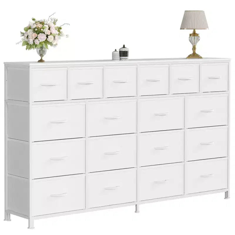 Comò in tessuto a 18 cassetti bianco/nero con stazione di ricarica | Piano in legno e struttura in acciaio | 160 cm L