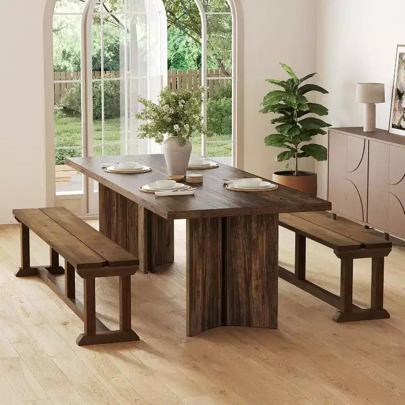 Panca da pranzo in legno massello stile rustico colore marrone, 2 posti, 150 cm