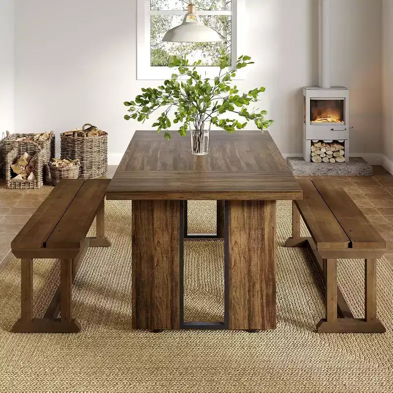 Panca da pranzo in legno massello stile rustico colore marrone, 2 posti, 150 cm