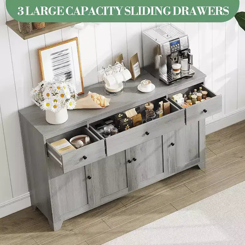 Madia / Credenza a 4 ante e 3 cassetti da 140 cm, stile moderno — Nero / Grigio / Bianco