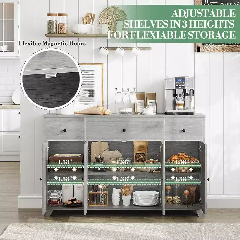 Madia / Credenza a 4 ante e 3 cassetti da 140 cm, stile moderno — Nero / Grigio / Bianco