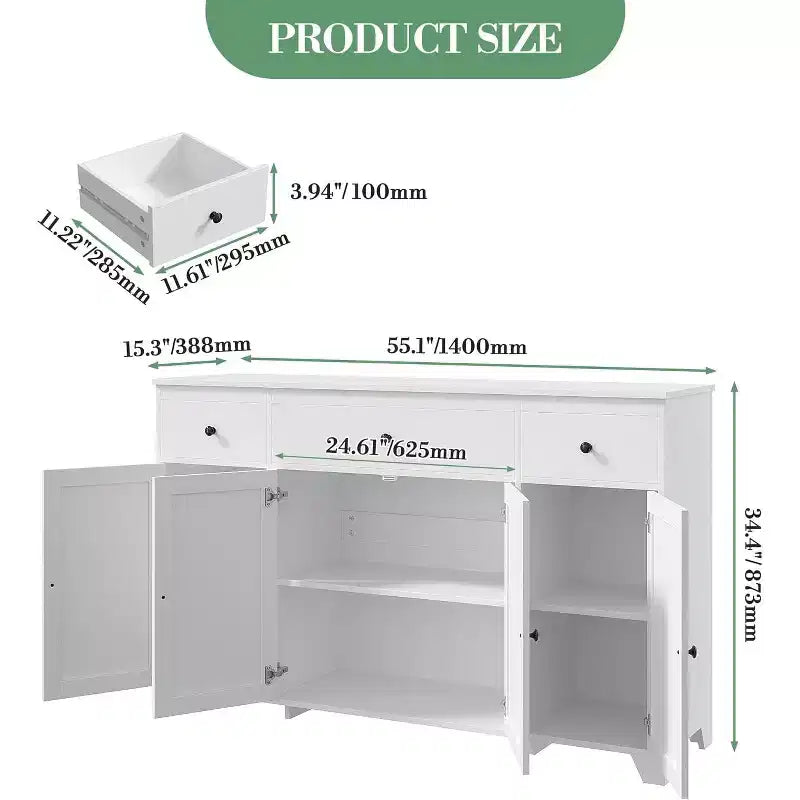 Madia / Credenza a 4 ante e 3 cassetti da 140 cm, stile moderno — Nero / Grigio / Bianco