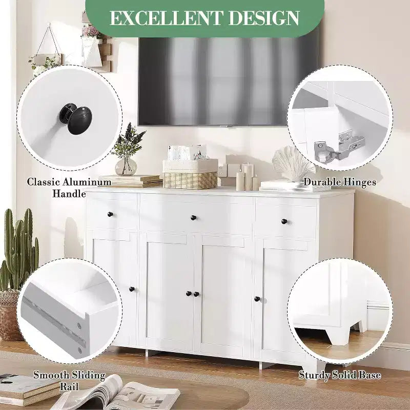 Madia / Credenza a 4 ante e 3 cassetti da 140 cm, stile moderno — Nero / Grigio / Bianco