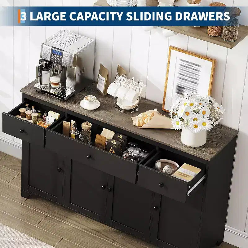 Madia / Credenza a 4 ante e 3 cassetti da 140 cm, stile moderno — Nero / Grigio / Bianco