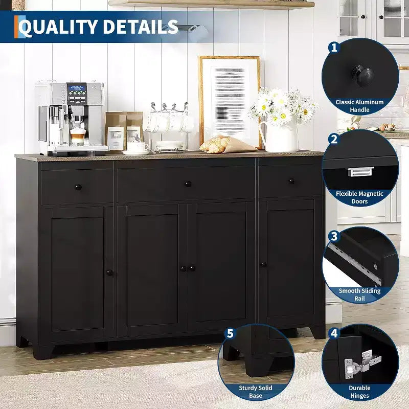 Madia / Credenza a 4 ante e 3 cassetti da 140 cm, stile moderno — Nero / Grigio / Bianco