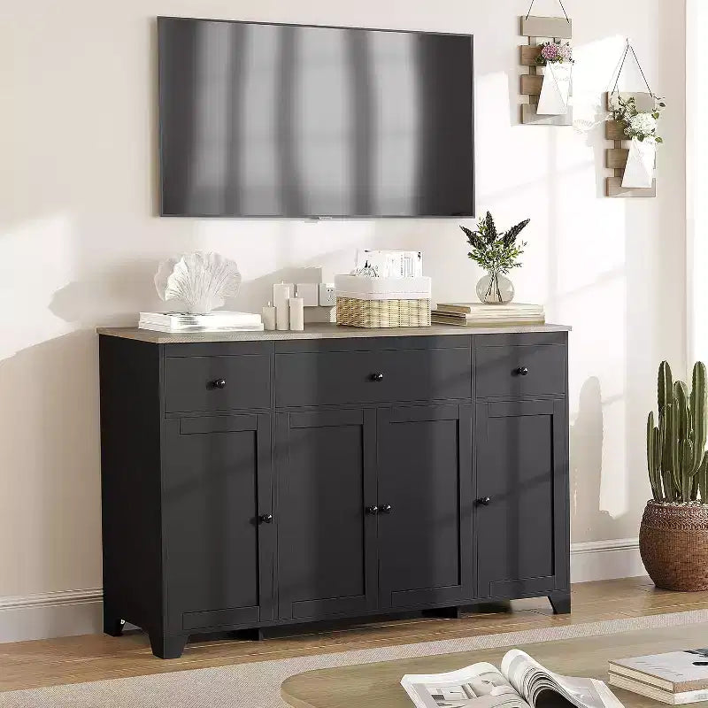 Madia / Credenza a 4 ante e 3 cassetti da 140 cm, stile moderno — Nero / Grigio / Bianco