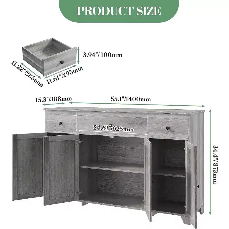 Madia / Credenza a 4 ante e 3 cassetti da 140 cm, stile moderno — Nero / Grigio / Bianco