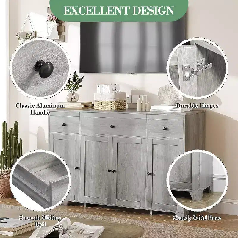 Madia / Credenza a 4 ante e 3 cassetti da 140 cm, stile moderno — Nero / Grigio / Bianco