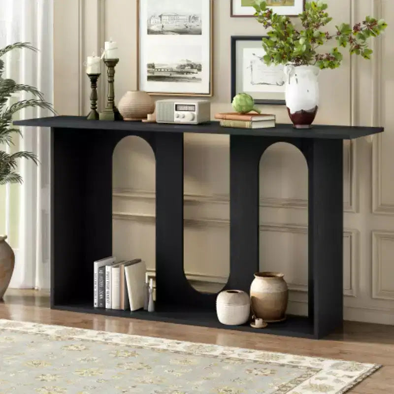 Modern Curved Design Console Tables Blue with Open Shelf, Stylish Console Tables for Entryway or Living Room Accent Storage Display-Panipeachy