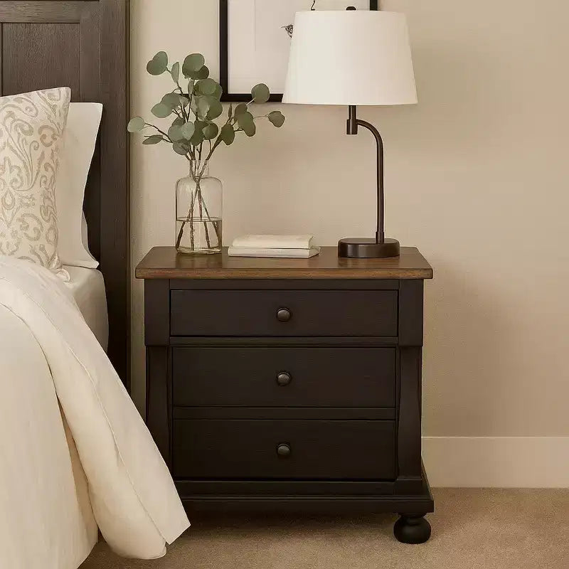 Comodino nero e rovere rustico a 3 cassetti con 2 porte USB
