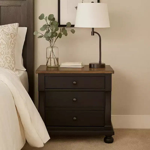 Comodino nero e rovere rustico a 3 cassetti con 2 porte USB