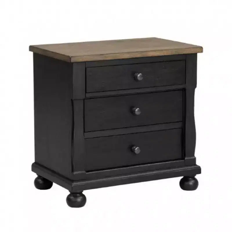 Comodino nero e rovere rustico a 3 cassetti con 2 porte USB