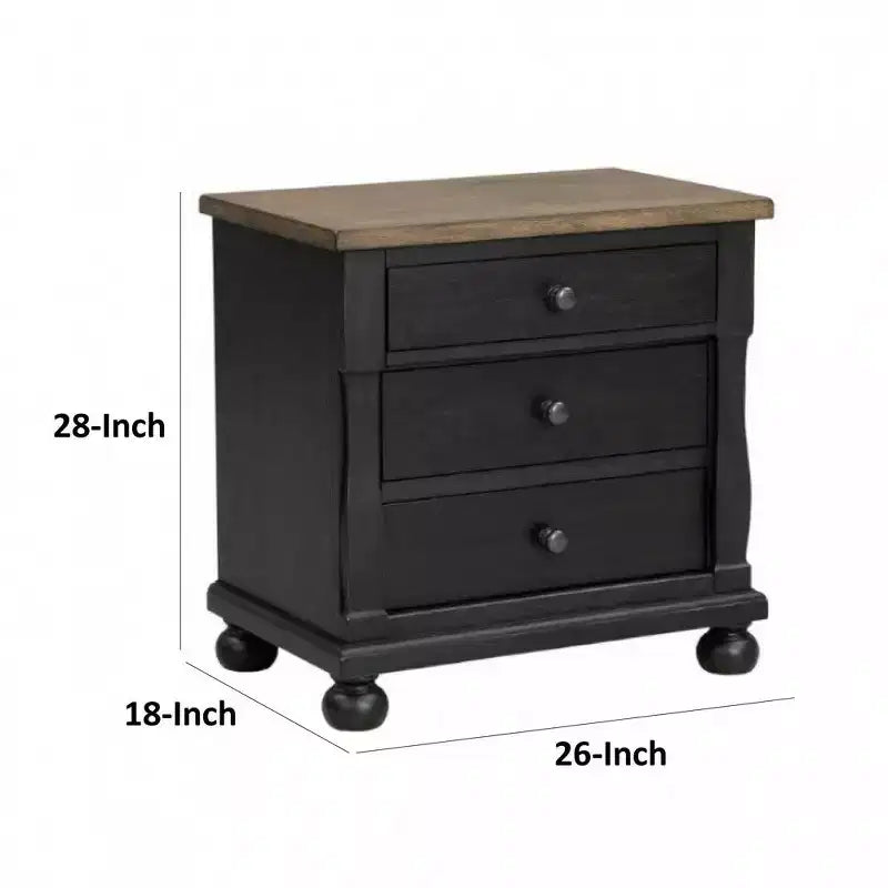 Comodino nero e rovere rustico a 3 cassetti con 2 porte USB