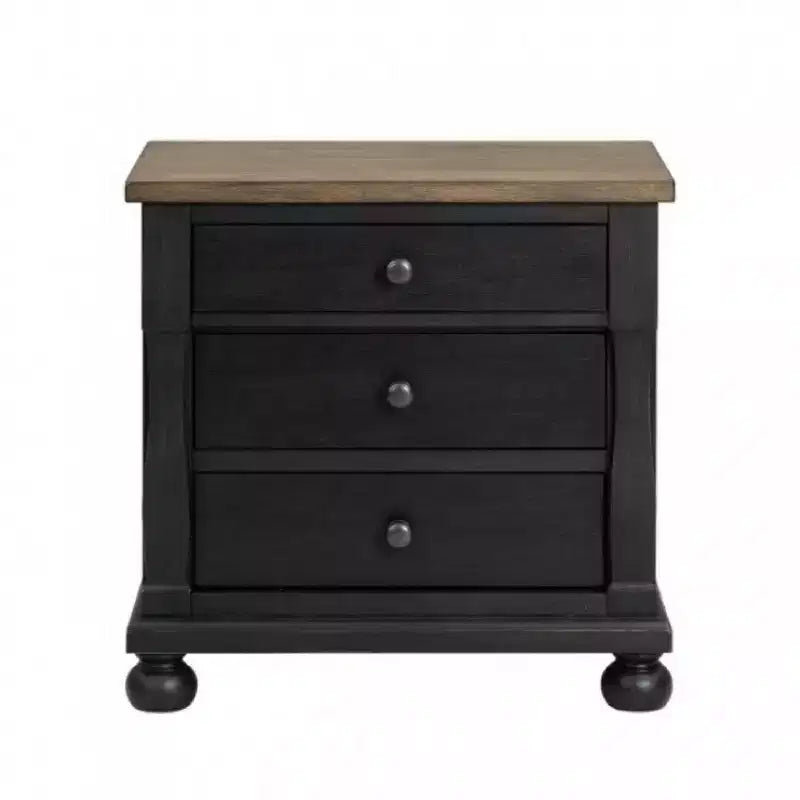Comodino nero e rovere rustico a 3 cassetti con 2 porte USB