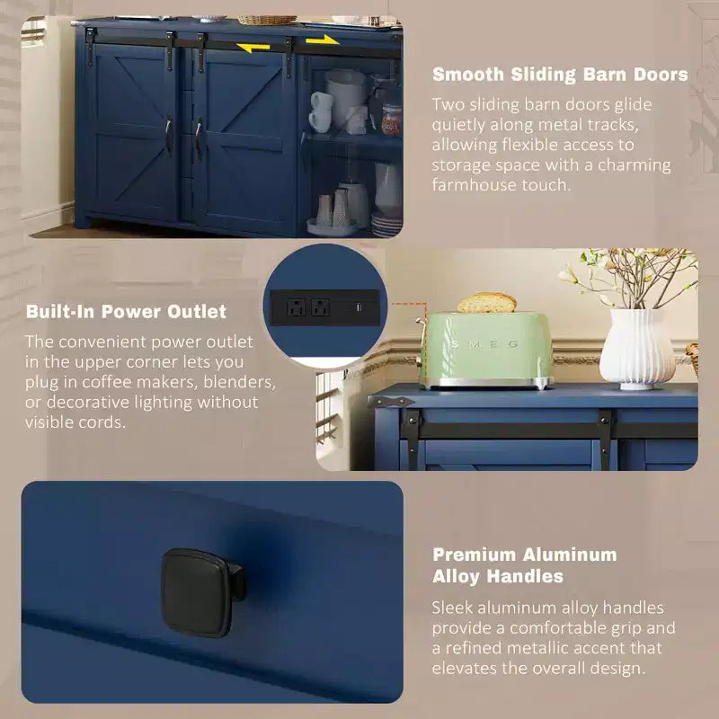 Credenza/Madia da fattoria Nera/Blu Navy/Bianca, Armadietto contenitore a 4 cassetti con anta scorrevole a granaio