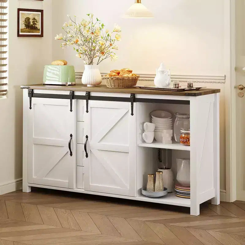 Credenza/Madia da fattoria Nera/Blu Navy/Bianca, Armadietto contenitore a 4 cassetti con anta scorrevole a granaio