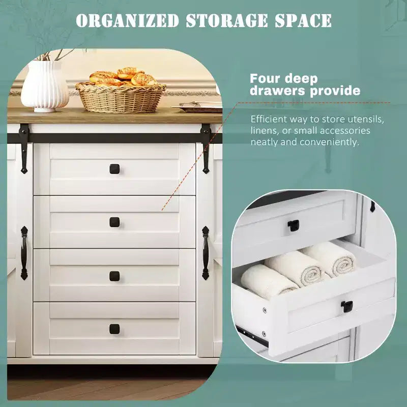 Credenza/Madia da fattoria Nera/Blu Navy/Bianca, Armadietto contenitore a 4 cassetti con anta scorrevole a granaio