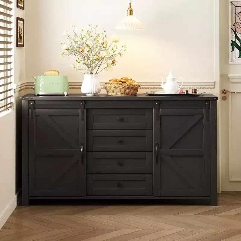 Credenza/Madia da fattoria Nera/Blu Navy/Bianca, Armadietto contenitore a 4 cassetti con anta scorrevole a granaio