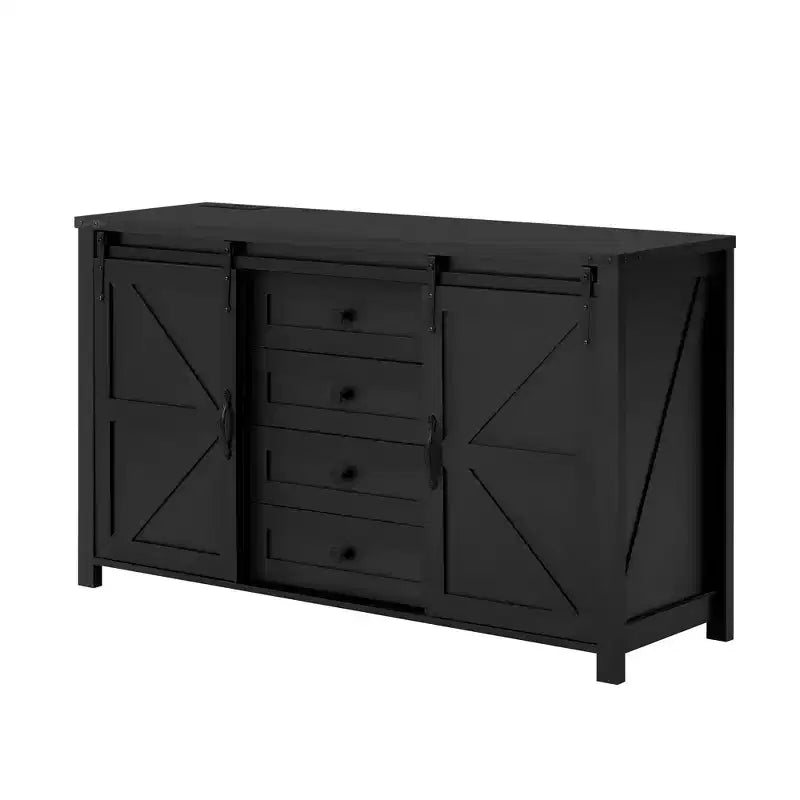 Credenza/Madia da fattoria Nera/Blu Navy/Bianca, Armadietto contenitore a 4 cassetti con anta scorrevole a granaio