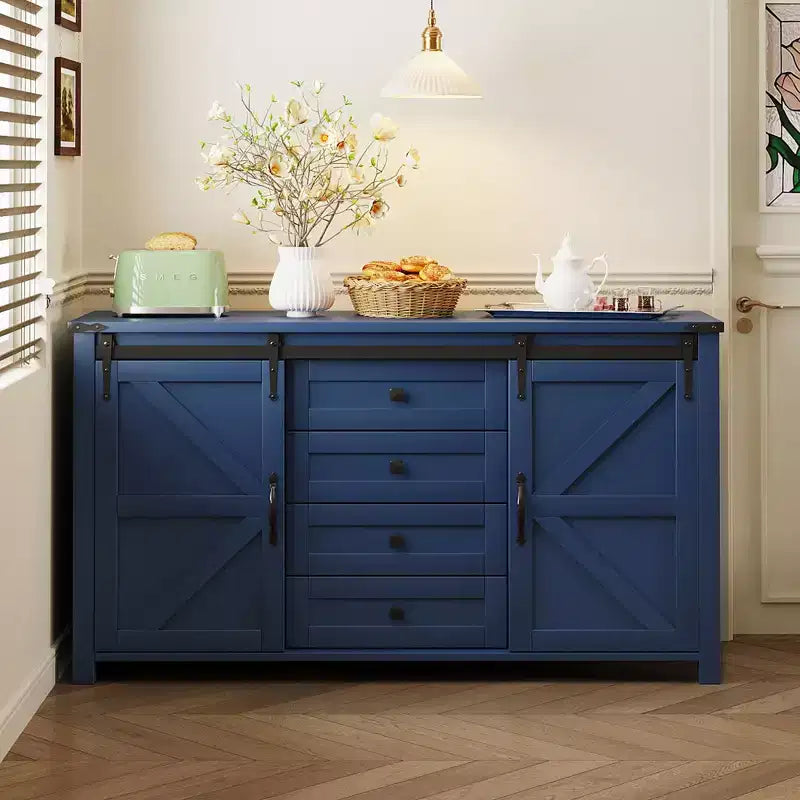 Credenza/Madia da fattoria Nera/Blu Navy/Bianca, Armadietto contenitore a 4 cassetti con anta scorrevole a granaio