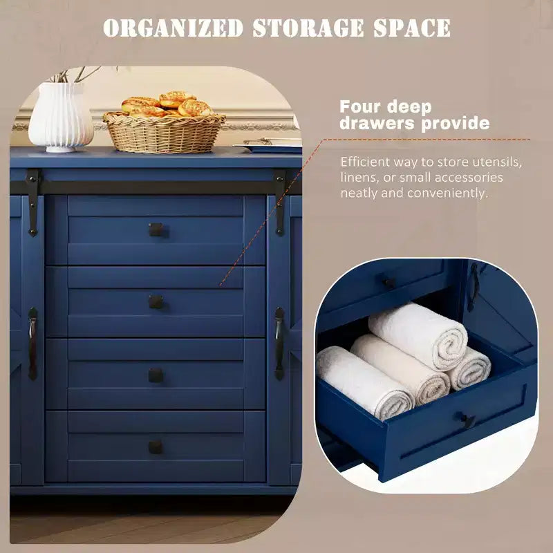 Credenza/Madia da fattoria Nera/Blu Navy/Bianca, Armadietto contenitore a 4 cassetti con anta scorrevole a granaio