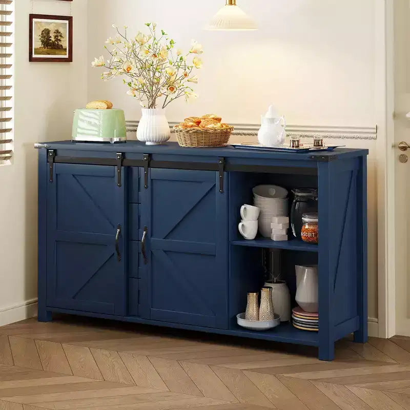 Credenza/Madia da fattoria Nera/Blu Navy/Bianca, Armadietto contenitore a 4 cassetti con anta scorrevole a granaio