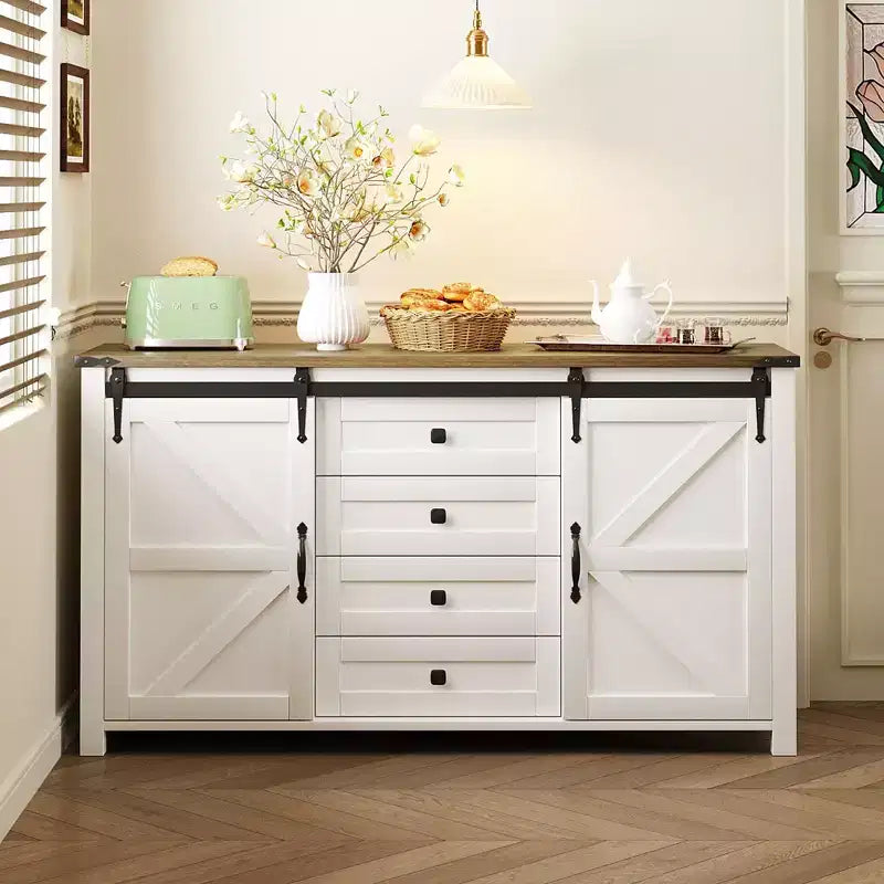 Credenza/Madia da fattoria Nera/Blu Navy/Bianca, Armadietto contenitore a 4 cassetti con anta scorrevole a granaio