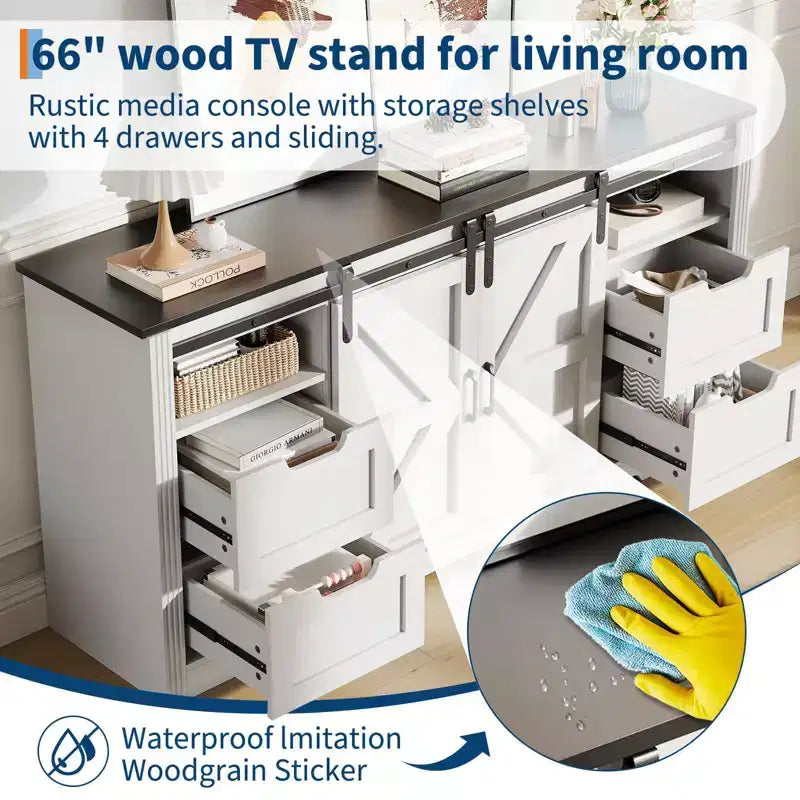 Mobile porta TV ad anta scorrevole in noce/bianco da 66" con 4 cassetti, adatto per TV fino a 70"
