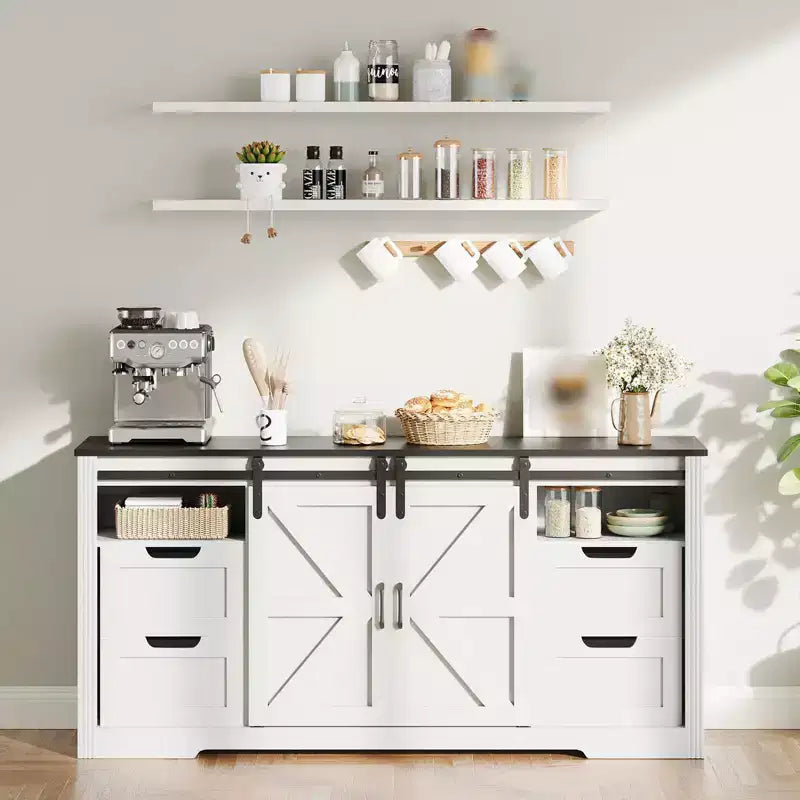 Mobile porta TV ad anta scorrevole in noce/bianco da 66" con 4 cassetti, adatto per TV fino a 70"