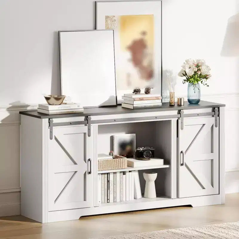 Mobile porta TV ad anta scorrevole in noce/bianco da 66" con 4 cassetti, adatto per TV fino a 70"