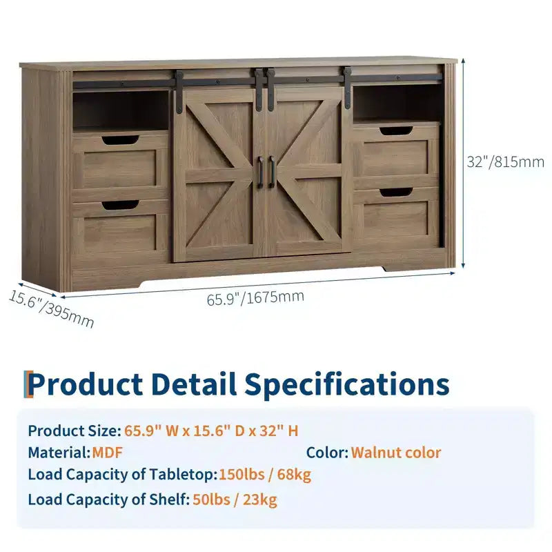 Mobile porta TV ad anta scorrevole in noce/bianco da 66" con 4 cassetti, adatto per TV fino a 70"