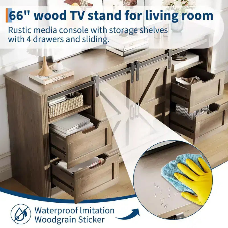 Mobile porta TV ad anta scorrevole in noce/bianco da 66" con 4 cassetti, adatto per TV fino a 70"