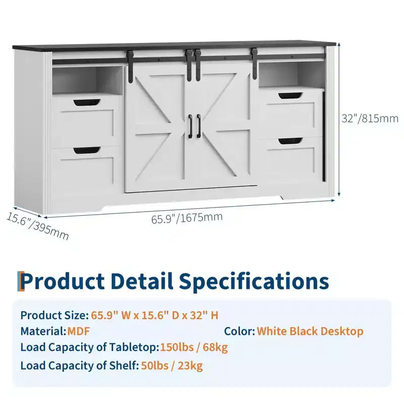 Mobile porta TV ad anta scorrevole in noce/bianco da 66" con 4 cassetti, adatto per TV fino a 70"