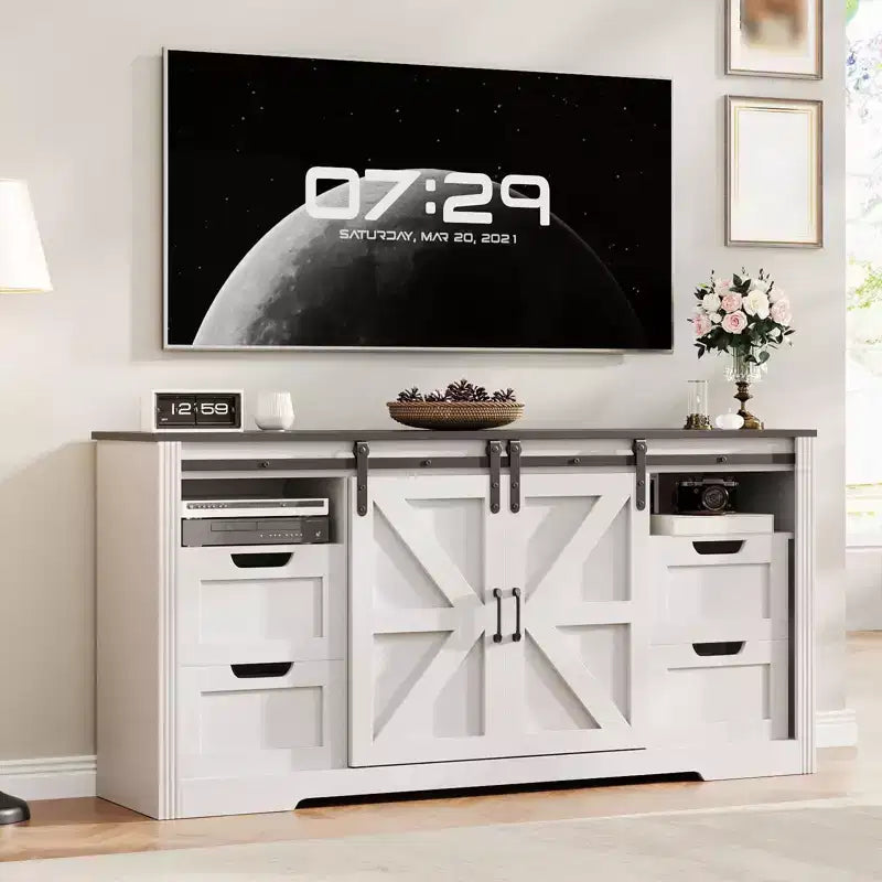 Mobile porta TV ad anta scorrevole in noce/bianco da 66" con 4 cassetti, adatto per TV fino a 70"