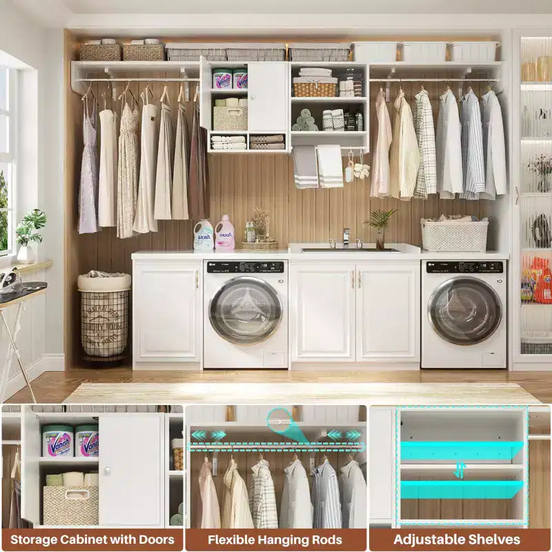 Mensole porta lavatrice e asciugatrice con barra appendiabiti – Rovere Beige / Bianco, Armadietto reversibile, Singola unità