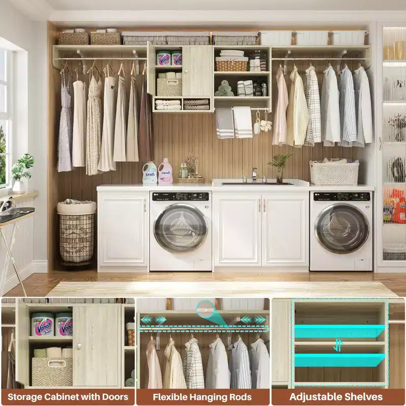 Mensole porta lavatrice e asciugatrice con barra appendiabiti – Rovere Beige / Bianco, Armadietto reversibile, Singola unità