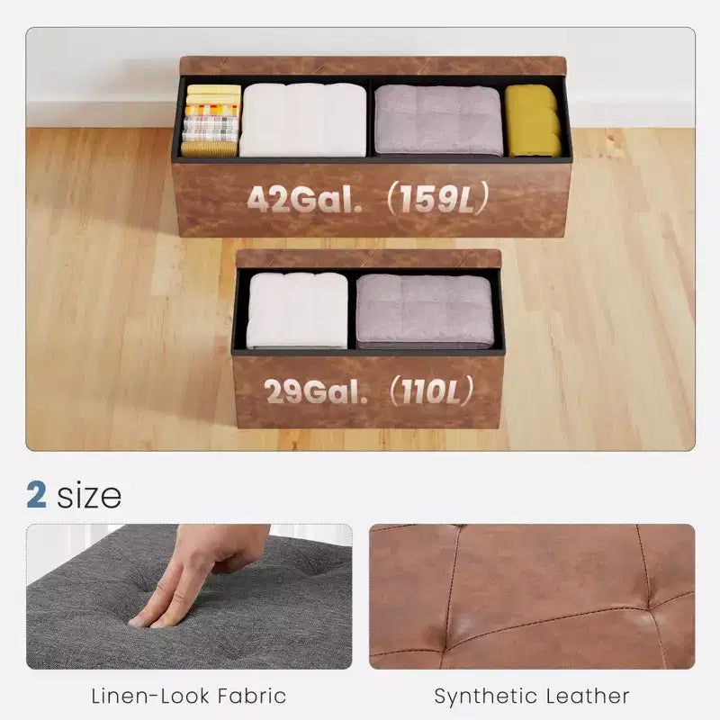 Panca Pouf Contenitore Pieghevole Nero/Marrone, 1 Posto, Similpelle