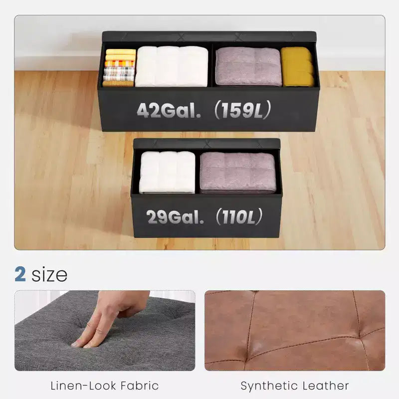 Panca Pouf Contenitore Pieghevole Nero/Marrone, 1 Posto, Similpelle