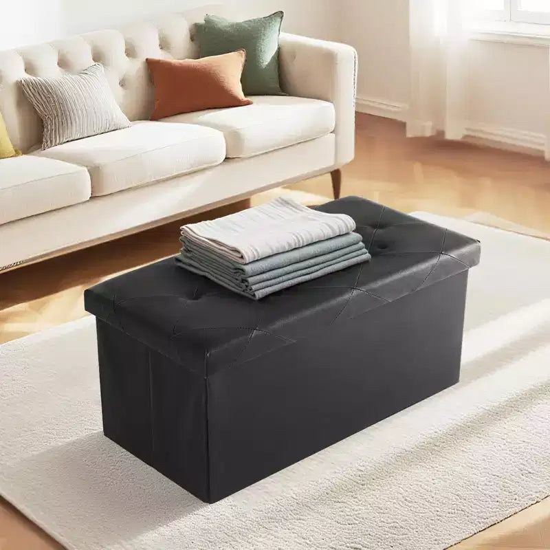 Panca Pouf Contenitore Pieghevole Nero/Marrone, 1 Posto, Similpelle