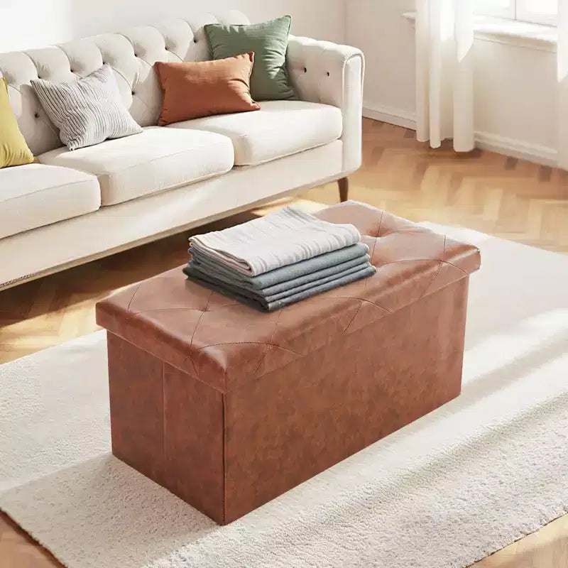 Panca Pouf Contenitore Pieghevole Nero/Marrone, 1 Posto, Similpelle