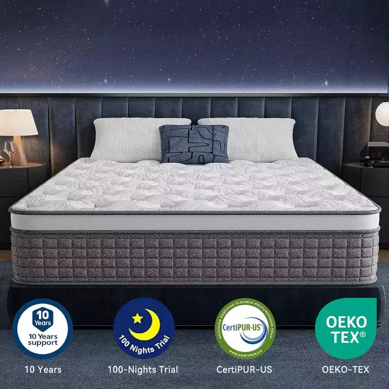 Materasso ibrido grigio medio-rigido, in memory foam e molle insacchettate da 30 cm, 1 persona (matrimoniale alla francese/matrimoniale standard/king size)