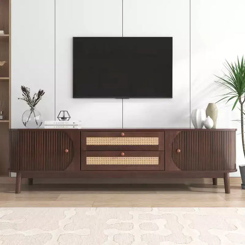 Mobile TV in Rattan Beige Stile Rustico per TV fino a 75", Struttura in Legno, Montaggio per 1 Persona