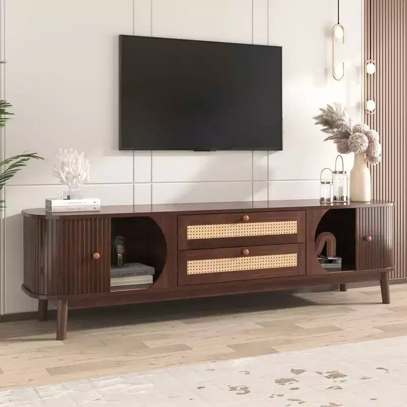 Mobile TV in Rattan Beige Stile Rustico per TV fino a 75", Struttura in Legno, Montaggio per 1 Persona