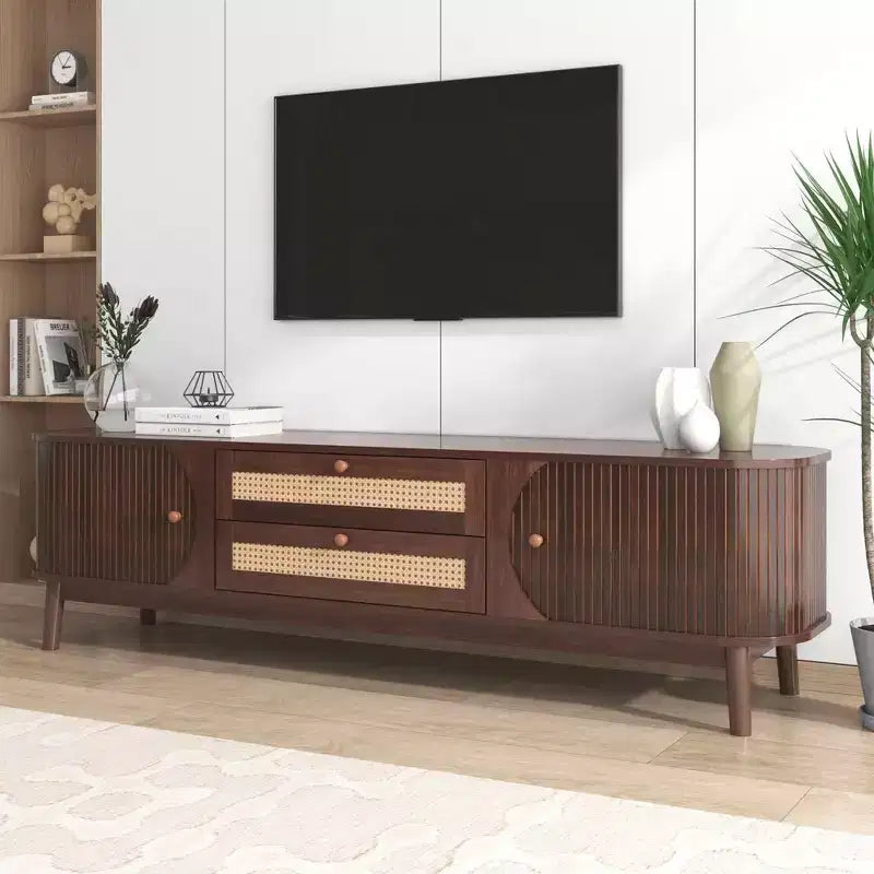 Mobile TV in Rattan Beige Stile Rustico per TV fino a 75", Struttura in Legno, Montaggio per 1 Persona