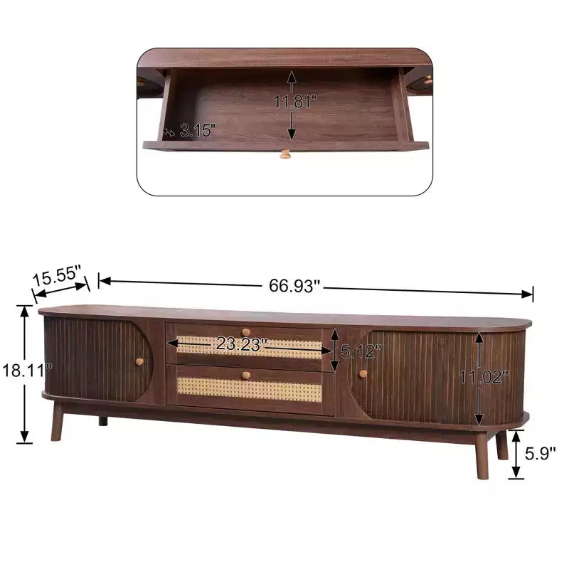 Mobile TV in Rattan Beige Stile Rustico per TV fino a 75", Struttura in Legno, Montaggio per 1 Persona